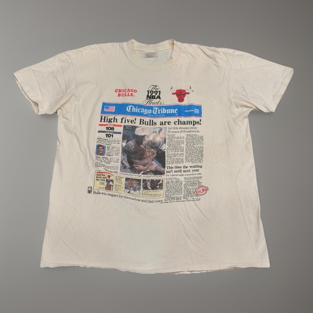 Vintage 1991 NBA Chicago Bulls Champions Newspaper Tedman T Shirt Mens XL Jordan
